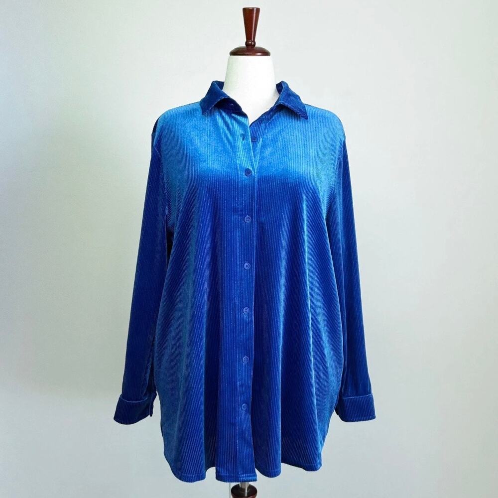 Soft Surroundings 1X Velvet Sapphire Blue Silver Metallic Boyfriend Shirt NWT